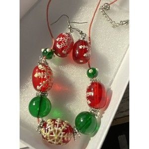 Lampwork Green Red glass beads Necklace w snowflake designs Matching earrings
